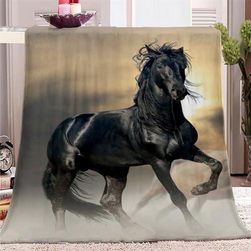 Kinderdecke tierisches schwarzes Pferd Kuscheldecke Flauschig 100 x 140cm 3D Drucken Microfaser Weich Warm Plüsch Wohndecke Fleece Tagesdecke Decke für Sofa und Bett