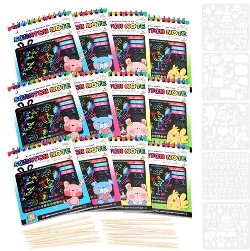 YiliYa Kratzbilder Kinder,12 Satz/120 Blätter Regenbogen Kratzpapier mit 12 Holzstifte und 5 Malschablonen Magic Scratch Book Kratzbilder Notizbuch Set zum Kinderkritzeleien Zeichnen und Basteln