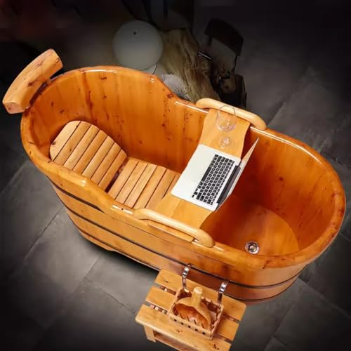 MegLob Holz Freistehende Badewanne Beleuchtet, Spa-Center Deech-Wading Badewanne Für Erwachsene, Mobiler Massivholz-Soaker Mit Holzschalen,110cm/43.31