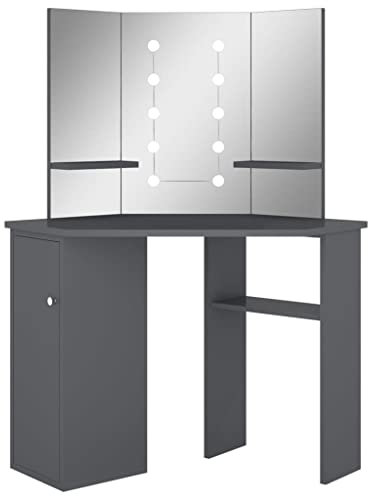 vidaXL Modern Corner Dressing Table with LED Bulbs and 3-Panel Mirror, Storage Space, Grey, 111x54x141.5 cm