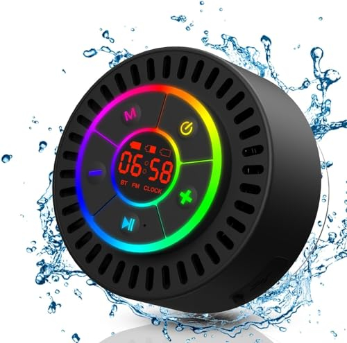Enceinte Bluetooth de Douche, Haut Parleur Étanche IPX7, avec Ventouse, Baffle Puissante avec Lumière, Salle De Bain, Affichage LED, Appels Mains Libres