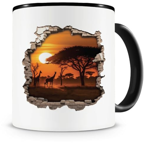 Samunshi® Tasse Wandriss mit Sonnenuntergang in Afrika 3D Effekt Teetasse Kaffeepott als Motiv Geschenk für Kaffeetasse Lustige Tassen zum Geburtstag schwarz Keramik 300ml