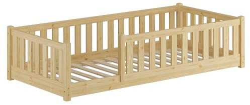Erst-Holz®Kinderbett, Bodenbett mit dreiseitiger Sicherung 80x180 Kiefer Natur lackiert V-60.77-08-180Rollrost inkl.