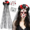 Halloween Tag der Toten Haarreif und Schleier Gesicht Tattoos, Mexikanische Stirnband Rosen Totenkopf Kopfschmuck Haarband Frauen Damen Kostüm Accessoires