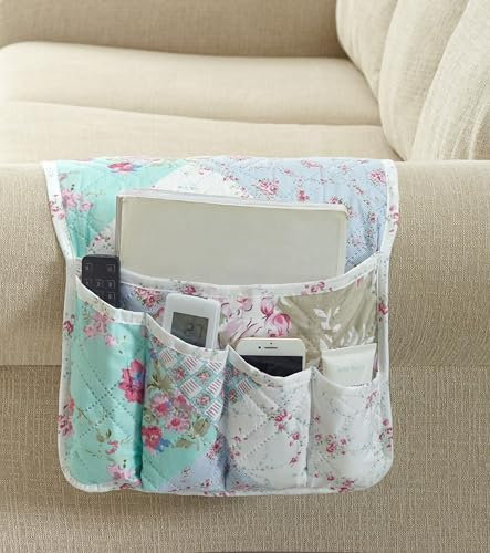 Brilliant Sunshine Blaue und grüne Rose Patchwork Couch Armlehne 5 Taschen Organizer Rutschfester Sessel-Caddy, waschbare Fernbedienungshalter, Aufbewahrung für Magazin, Tablet, Telefon, Blaugrün