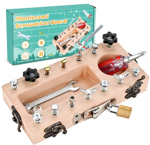 Wooderma Toddler Montessori Toys for 3-5 year old, Wooden Screwdriver Board Kids Tool Set with Lock and Key, Sensory Toys for Kids, Gift for Boys Girls, Busy Board Toys for Education, Autism, Travel