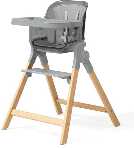 Hochstuhl Baby Klappbar Kinderstuhl Mitwachsender Kinderhochstuhl mit Holz Beine Umrüstbar auf Sitzerhöhung und Barhocker (Grau)