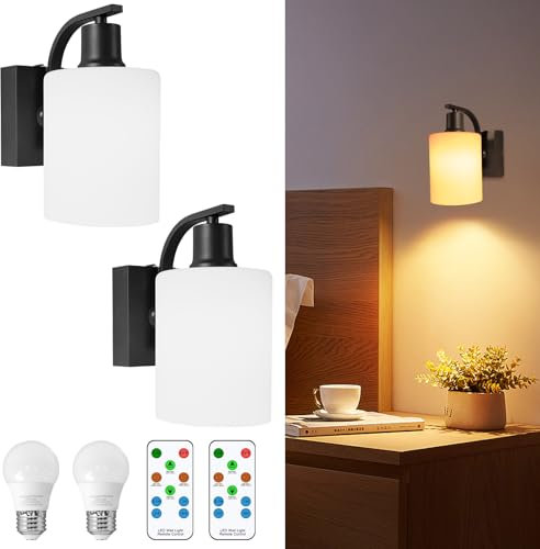 Yogaret 2er Set LED Wandleuchte Innen Akku, Kabellose Wandleuchte Dimmbar mit Fernbedienung, Schwarz Wandleuchte Ohne Stromanschluss, Wandlampe mit Glasschirm für Badezimmer, Schlafzimmer, Wohnzimmer