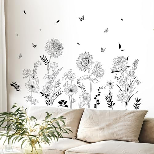 Tanlaby Flores de Jardín Adhesivos Pared Plantas de Flores Pegatinas de Pared Retro Negras del Girasol Vinilos Pared para Dormitorio Salón TV Sofá Pared Oficina Pegatinas Pared Decoración