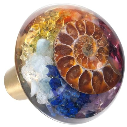 Nupuyai 2 Stück 7 Chakra Ammonit Fossil Stein Schrankknöpfe Messing Möbelknöpfe mit Harz, Chakra Kristall Schubladenknöpfe Dekorative Muschel Schrank Küche Türgriffe Ziehgriffe