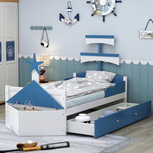 Kinderbett 90x200 cm in Schiff-Design mit 2 großen Schubladen & Stauraum, blaues Holz-Einzelbett, robust und funktional, ideal für Kinderzimmer, stabil bis 120 kg