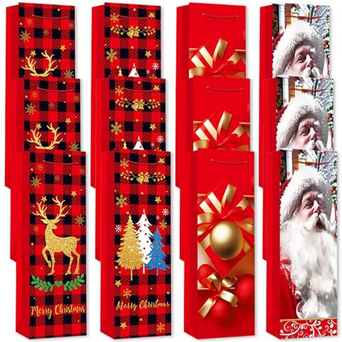 Christmas Wine Bottle Gift Bags,RoadLoo 12 Pcs Red Christmas Bottle Bags for Wine Sturdy Reusable Paper Wine Gift Bags for Gift Bag for Party Wedding