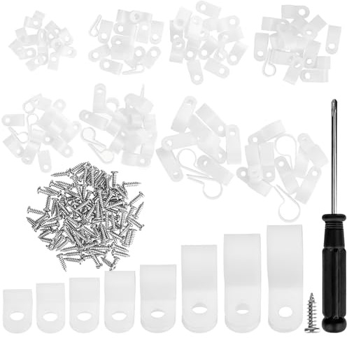 221 Pieces R-Type Armoured Cable Clips, 8 Sizes Nylon P Clips, Thickened White, Outdoor Cable Clips with 100 Stainless Steel Screws & Screwdriver, for Cable Management