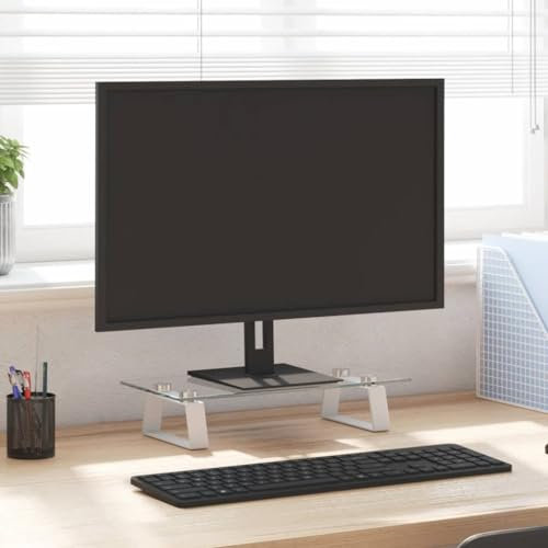 Gecheer Support de Moniteur Blanc 40x20x8 cm Verre trempé et métal, Support de Moniteur Rehausseur D'écran de Bureau pour Ordinateur, TV, Portable, Imprimante