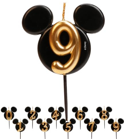 dekora - Micky Maus Geburtstagskerze aus Duftfreiem Paraffinwachs - Disney Zahlenkerzen mit Schwarzen und Goldenen Mickey Mouse Ohren - Größe 8,5 cm - Zahlenkerze Nummer 9
