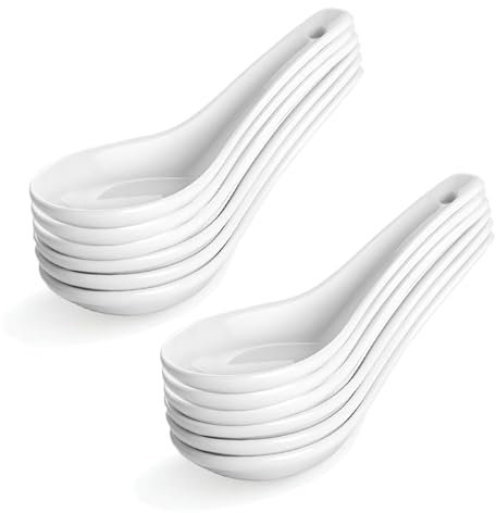 Btrquedo 5.1in Ceramic Asian Soup Spoons, Ramen Spoons Set of 12, Japanese Soup Spoons, Chinese Soup Spoons Dessert Spoon for Noodles, Dumpling, Miso, Pho, Wonton
