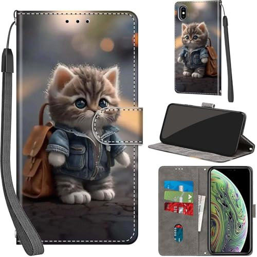 Haninsuze for iPhone Xs and iPhone X Case PU Leather Wallet Book Flip Folio Stand View Magnetic Multi-Pattern Cover compatible with iPhone X Phone Case(Cat)