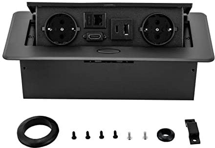 Pop Up Steckdose, Tischsteckdose Versenkbare Steckdose mit 2 EU LAN HDMI und 5V 2A USB Typec Ladegerät Verdeckte Tischsteckdose Schwarz