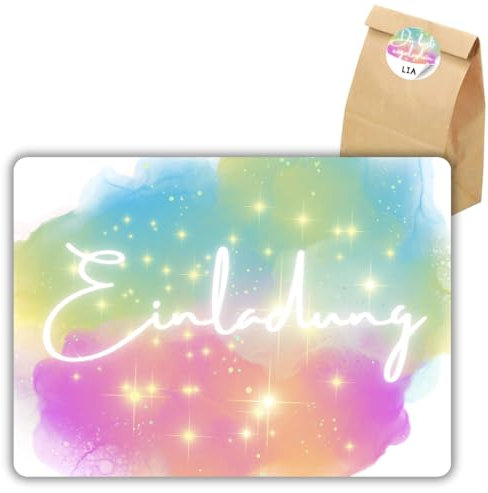 celebr8te 12x Glitzer Wolken Einladungskarten - Für den Kindergeburtstag von Mädchen - UV Hochglanz Glitzer Party Geburtstagseinladungen +12 Sticker +12 Geschenktüten