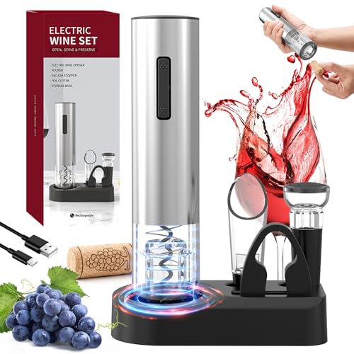 TAVADA Tire Bouchon Electrique Rechargeable,Ouvre Bouteille Electrique Coffret Cadeau Avec Coupe-Capsule, Bouchon à Vide, Bec Verseur, Aérateur de Vin Pour Les Amateurs Vin Cadeau Maison Fête