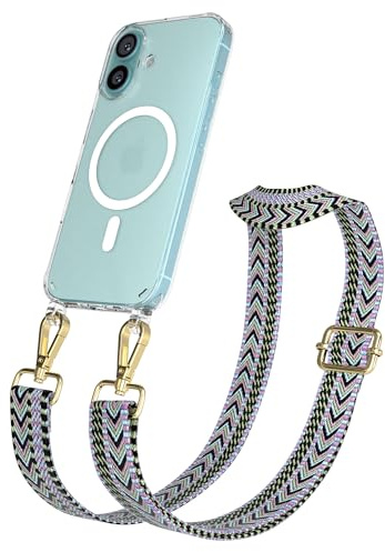 EAZY CASE Handykette - Verstellbares Taschenband kompatibel mit iPhone 16, Schulterriemen, Handykordel mit Silikon Hülle, Qi Charging kompatibel, Umhängetasche, Lila Grün Gold