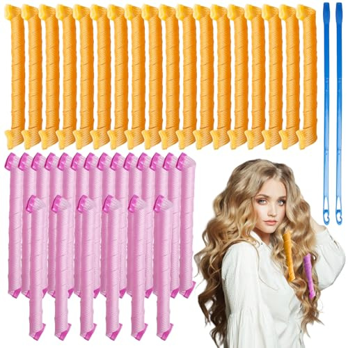 Lot de 40 bigoudis en spirale, 55 cm, pour le bricolage, sans chaleur, sans chaleur, avec crochets de coiffage, kit de coiffage, style ondulé, pour femme, orange et rose