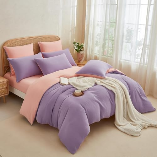YASMENG Doppelte Muslin Bettwäsche 220x240 Lila Rosa 100% Baumwolle Bettwäsche Muslin Weich Atmungsaktiv Kuschelige Bettbezug Set 3 Teilig mit Reißverschluss und 2 Kissenbezüge 80x80 cm