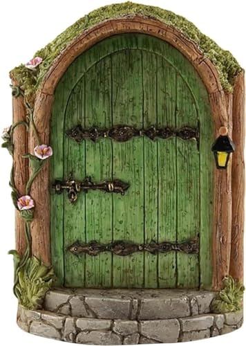 Hehglng Porta delle fate in legno verde in miniatura, porte da giardino per esterni, mini gnomo, accessori per tronco d'albero, ornamenti per miniature da giardino, sculture d'arte e statue, idea