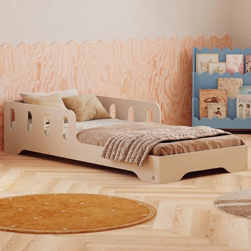 smartwood Kinderbett 70x140 cm mit Rausfallschutz, Holz, Kaschmir, TILA 6 | Montessori Bodenbett, Lattenrost bis 230 kg, FSC-Zertifikat, abgerundete Kanten, Einfache Montage, ab 3 Jahren, 73x143x40 cm