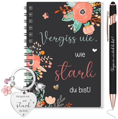 Fiada Motivationsgeschenk für Frauen, 3-teiliges Set mit Spiralnotizbuch | Kugelschreiber und Schlüsselanhänger „Vergiss nie, wie stark du bist“, Geschenk für Kollegin, zu Weihnachten oder Geburtstag