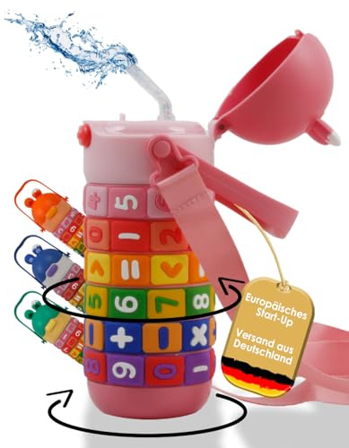 KiDDOH Kinder Trinkflasche Edelstahl mit Lernspiel – 430 ml, auslaufsicher & BPA-frei, mit drehbaren Zahlenringen – für Kindergarten & Schule (Rosa)