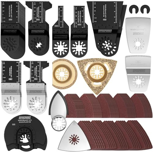 EffektWerk - Juego de 105 Hojas de Sierra y Kit de Lijado para Multiherramienta - Accesorios Oscilantes para Madera, Plástico, Metal - Adaptadores, Almohadillas de Lijado, Lijas