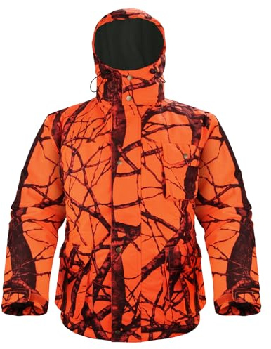 Avizon Veste de chasse pour homme avec capuche, motif camouflage orange/vert, compatible avec l'hiver avec doublure en polaire chaude