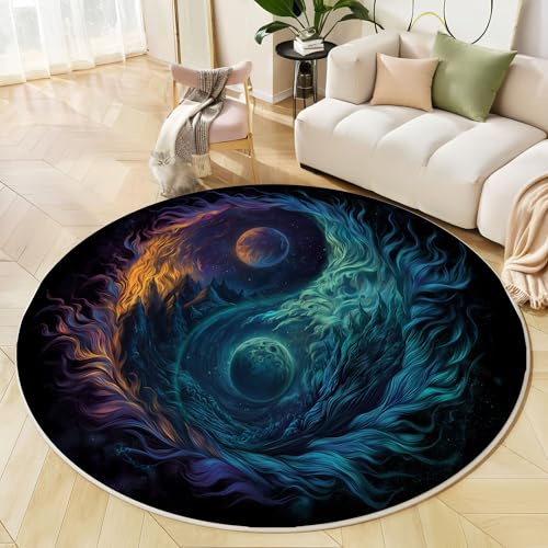 JEDTAKCT Runder Teppiche Wohnzimmer, Blaugrün Flammen-Yin-Yang Muster Waschbare Teppiche, rutschfest Weicher Kurzflor Fantasieberge Teppich Für Schlafzimmer Esszimmer Kamin, 120 cm