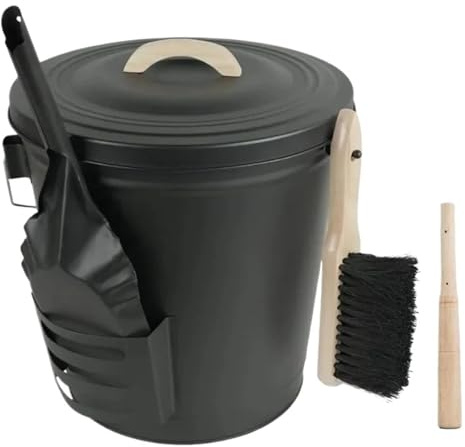 Fireside Ash Brush & Shovel Large 5.2 Gallon Metal Ash Bucket with Lid, Shovel, Hand Broom, and Stick for Fireplace and Fire Pit Cleaning