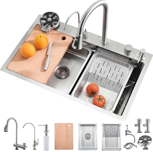 Bokaiya Fregadero de Cocina, Cascada de Acero Inoxidable Raindance Nano Fregadero, Multifuncional con Grifo Extraíble, Tabla de Cortar, Lavavasos, Rainfall Fregadero Cocina 1 Seno 90x50x21cm