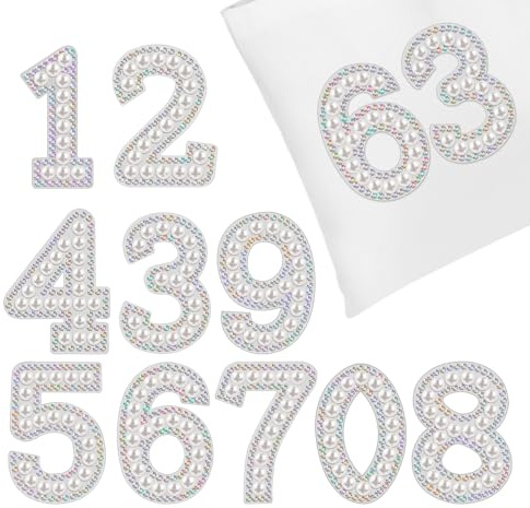 OATIPHO 10Pcs Iron-on Number Patches 0-9 with Rhinestones and Faux Pearls | Sparkling Appliques for Clothes, Jeans and Bags, Easy-to-Apply Craft Decorations for Accessory