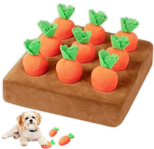 2026 Neu Schnüffelteppich Hund, 9 Stück Plüsch Karotte Intelligenzspielzeug, Interaktives Hundespielzeug Karottenfeld Fütterungsspiel für Welpen, Seniorhunde, Mentale Stimulation Innen 16x16x5cm