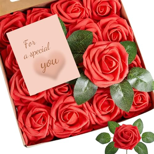 XIANNVXI 16 Stück Rot Künstliche Rosen Rote Blumen Deko Fake Rose Blumenstrauß Rosen Plastikrosen Romantisch Valentinstag Hochzeitsdeko Tisch Verlobung Brautstrauß Roses 6 Blätter 17 cm Stängel