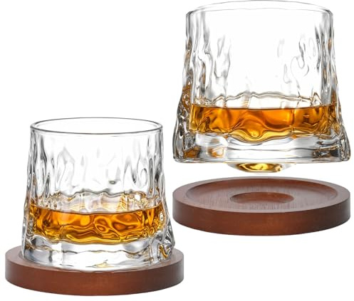 ZXBBTZ Set di 2 bicchieri da whisky rotanti con base 180ml Bicchiere rotante per whiskey, rum, scotch, bourbon 360° Bicchiere inclinabile con incisione a ghiaccio Idea regalo in bicchieri da whisky