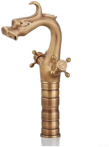 Robinet d'évier de salle de bain vintage en laiton, motif dragon, mitigeur eau chaude et froide à levier unique pour décoration d'intérieur rétro, finition or antique (version haute)