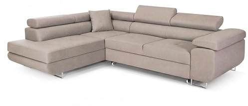 COMFORTINO FURNITURE Ecksofa mit Schlaffunktion PASTI L-Form, Sofa Couch mit Bettkasten, 3-Sitzer Eckcouch, Schlafsofa für Wohnzimmer, Big Sofa Couch mit Schlaffunktion (Helles Taupe, Ottomane Links)