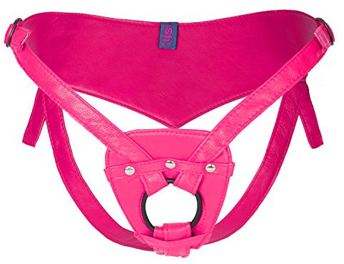 Sh! Super StrapON - Imbracatura per dildo, comoda e morbida, con cinturino in pelle, taglia S/M (misura 38-44), rosa acceso