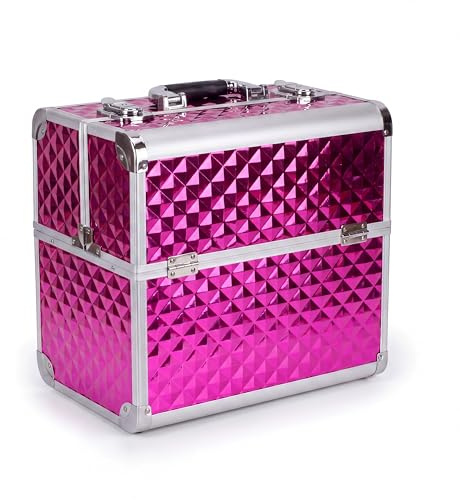 N&BF Kosmetikkoffer Groß Pink Diamond | Abschließbarer Schminkkoffer & Beautycase aus Aluminium | Nagelkoffer mit 4 Ausklappfächern | Makeup Koffer & Friseurkoffer 36,5 x 22,5 x 35,5 cm