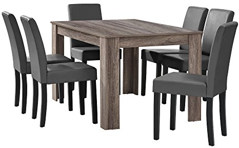 [en.casa] Esstisch Eiche antik mit 6 Stühlen dunkelgrau Kunstleder gepolstert 140x90 Essgruppe Esszimmer
