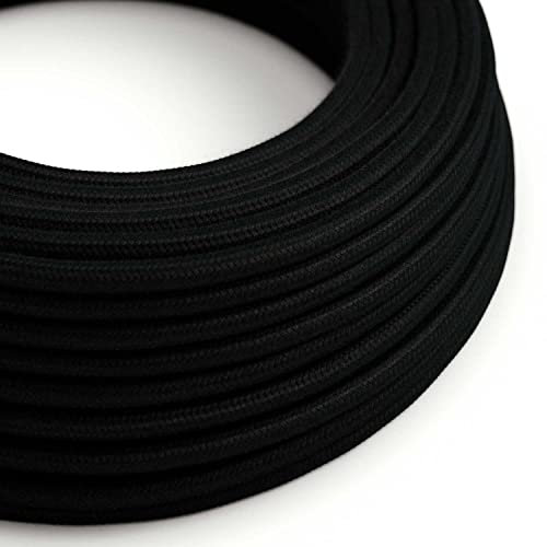 creative cables Fil Électrique Rond Gaine De Tissu De Couleur Coton Tissu Uni Noir RC04-5 Mètres, 2x0.75
