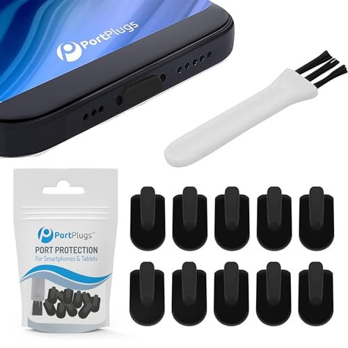 PortPlugs Staubschutzstöpsel für iPhone 11, X, XS, XR, 8 – Gebogene Lünette, Lightning-Port-Abdeckungen für Staub, Schmutz, Fusseln – inklusive Reinigungsbürste | Schwarz (10er-Pack)