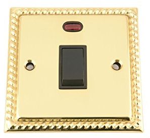20A Double Pole Switch - Polished Mirror Brass Georgian - Black Insert Plastic Switch - DP Water Heater Switch with Neon Indicator
