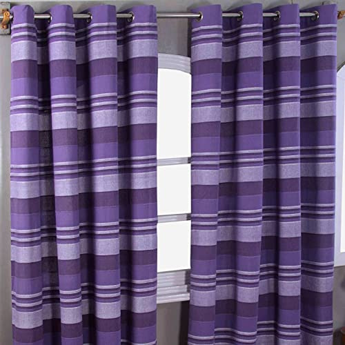 HOMESCAPES Mauve Purple Lilac Eyelet Curtain Pair 167cm (66) Wide x 228cm (90) Drop Morocco Stripe Design Ring Top Curtain Pair