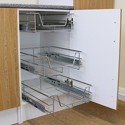 KuKoo 3 x Kitchen Pull Out Soft Close Heavy Duty Baskets, 400mm Wide Cabinet, Slide Out Wire Storage Drawers, Pull-Out Organiser Metal